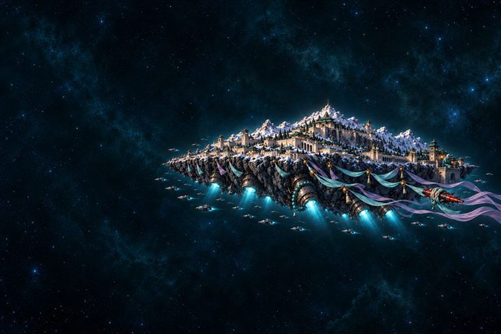 Mount Disapproval, a monastery torn off its planet and flying through space on bolted-on engines